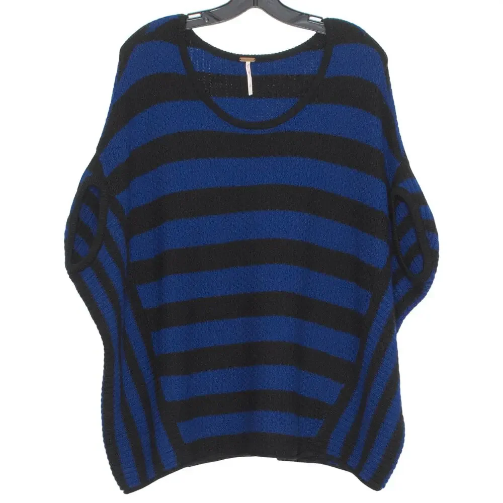 Free People Poncho Sweater Wool Oversized Boho Nautical Preppy Stripe Blue Small